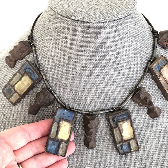 Vintage Artisan Modernist Necklace with Silver Beads and Pottery Pendants - Picture 3 of 13